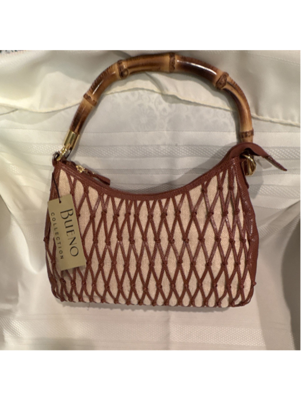Bueno Bamboo Handle Woven Shoulder Bag, Brown Beige, Gold Hardware